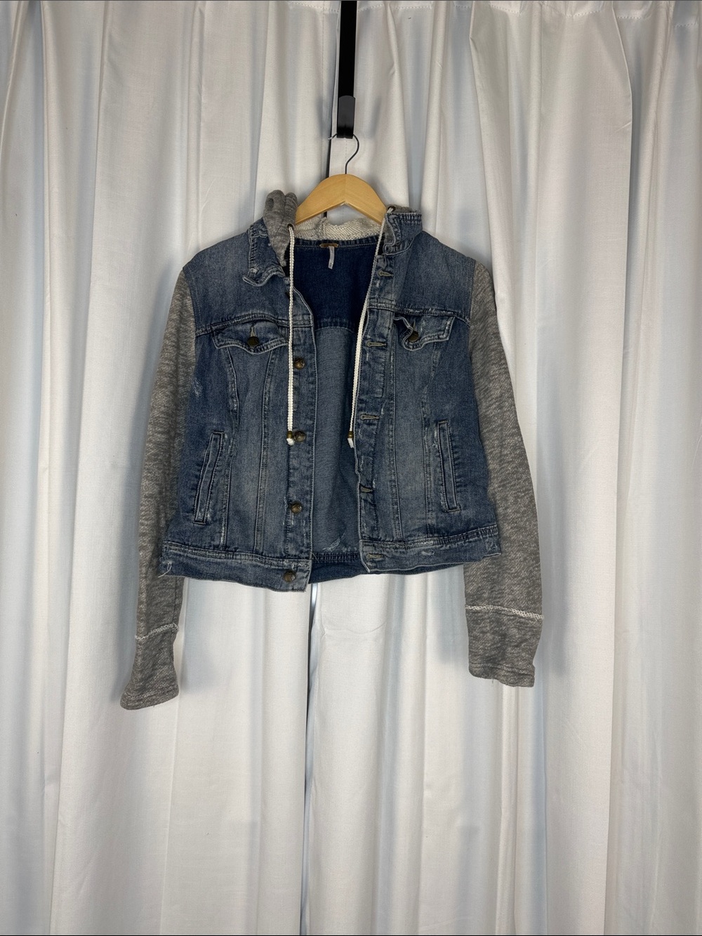Free People Blue Denim Jacket with Gray Knit Sleeves and Hood